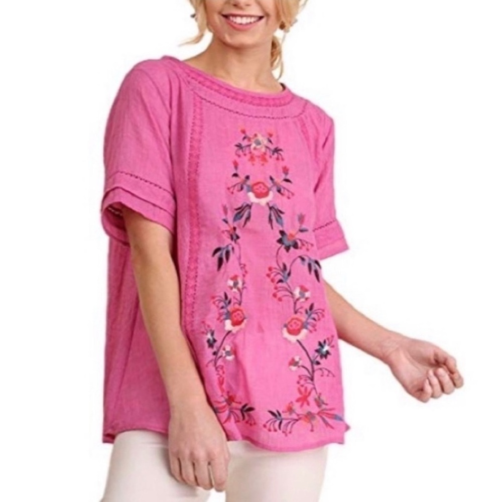 Umgee Bright Pink Floral Embroidered Short Sleeve Top